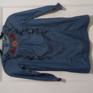 Girls Jean Tunic - Floral Embroidered Tunic - Ruffles - Jeans Top